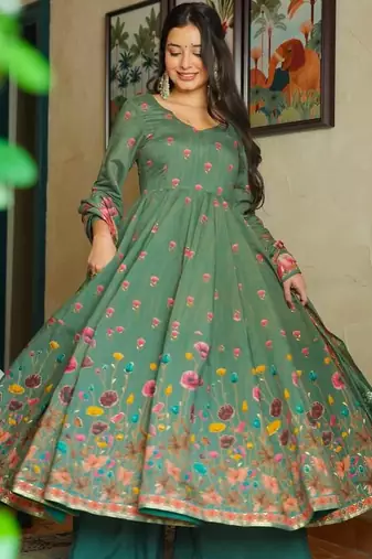 pista green muslin silk blend floral printed kurta set with dupatta