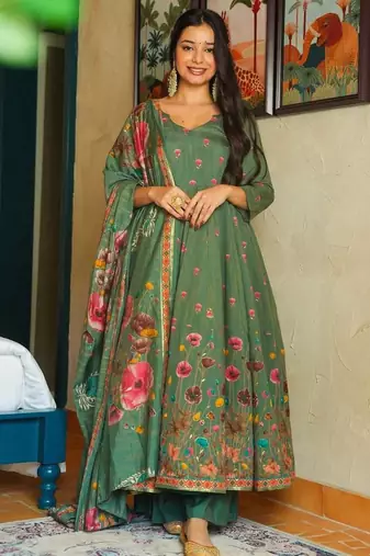 pista green muslin silk blend floral printed kurta set with dupatta