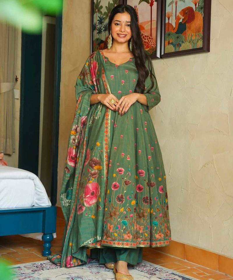 pista green muslin silk blend floral printed kurta set with dupatta