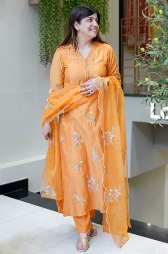 orange muslin silk blend embroidered kurta set with dupatta