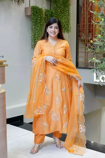 orange muslin silk blend embroidered kurta set with dupatta
