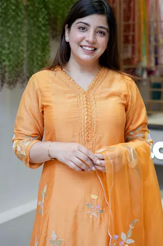 orange muslin silk blend embroidered kurta set with dupatta