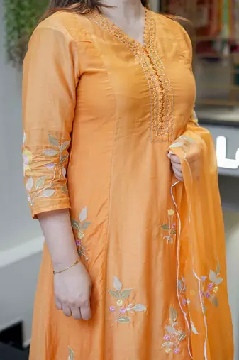 orange muslin silk blend embroidered kurta set with dupatta