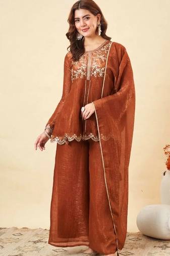 orange silk blend embroidered kurta palazzo set with dupatta