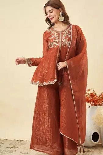 orange silk blend embroidered kurta palazzo set with dupatta