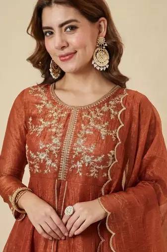 orange silk blend embroidered kurta palazzo set with dupatta