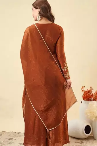 orange silk blend embroidered kurta palazzo set with dupatta
