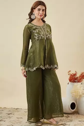green silk blend embroidered kurta palazzo set with dupatta