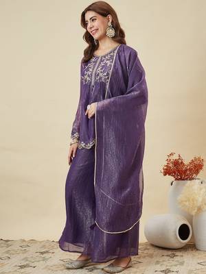 purple silk blend embroidered kurta palazzo set with dupatta 2