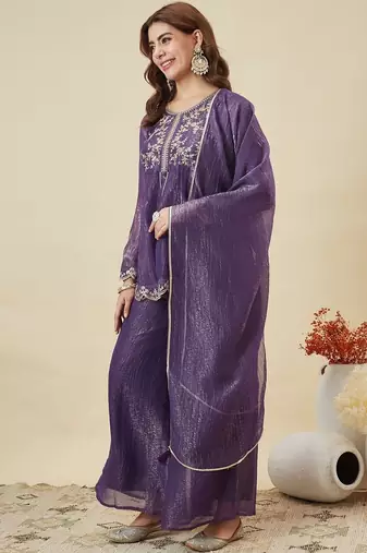 purple silk blend embroidered kurta palazzo set with dupatta