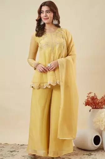 yellow silk blend embroidered kurta palazzo set with dupatta