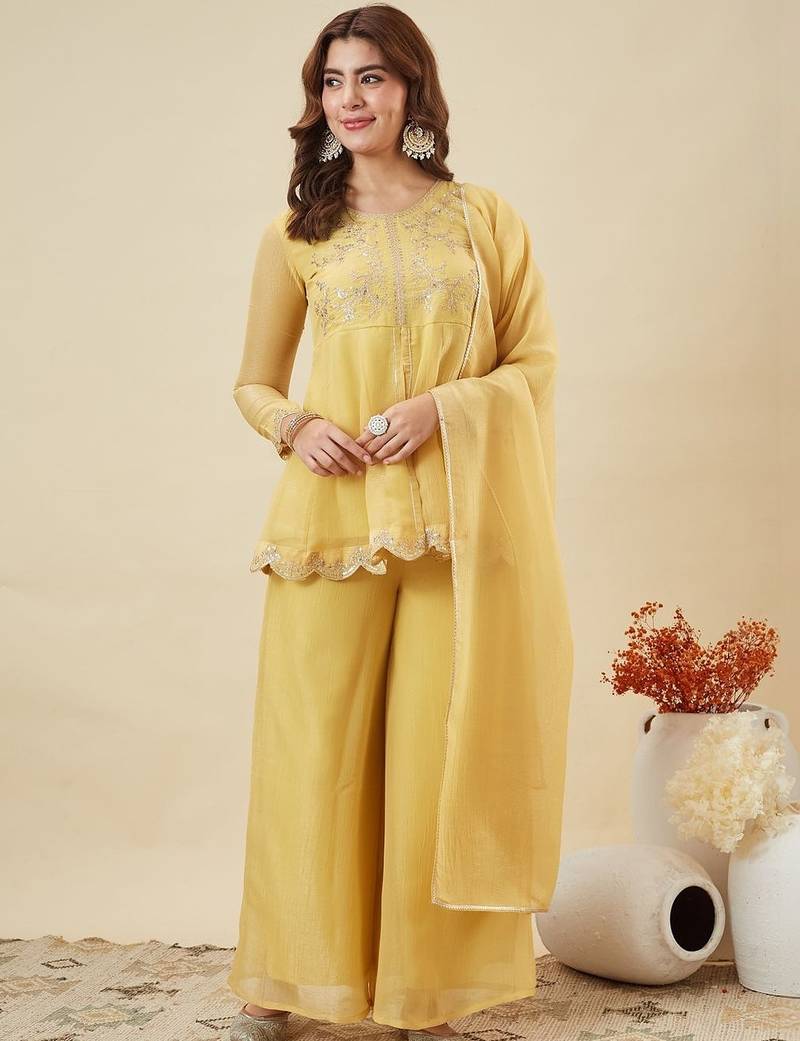 yellow silk blend embroidered kurta palazzo set with dupatta