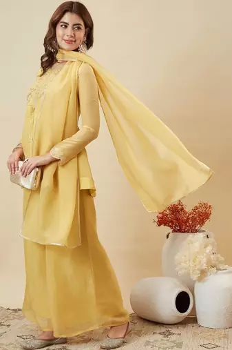 yellow silk blend embroidered kurta palazzo set with dupatta