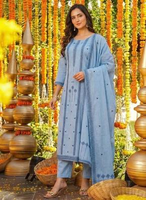 aqua blue cotton silk blend jacquard kurta set with dupatta 1