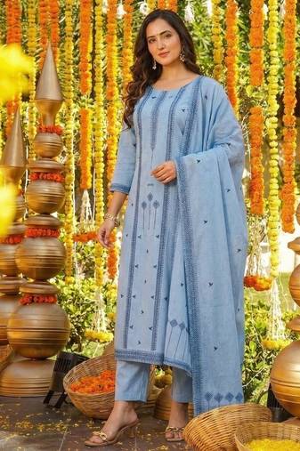 aqua blue cotton silk blend jacquard kurta set with dupatta