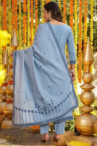 aqua blue cotton silk blend jacquard kurta set with dupatta