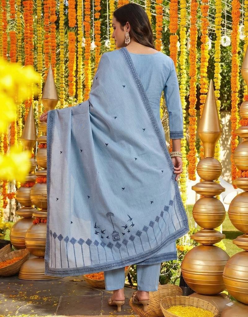 aqua blue cotton silk blend jacquard kurta set with dupatta