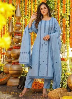 aqua blue cotton silk blend jacquard kurta set with dupatta 4