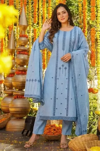 aqua blue cotton silk blend jacquard kurta set with dupatta