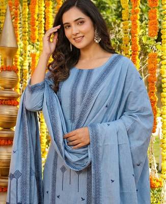 aqua blue cotton silk blend jacquard kurta set with dupatta 5