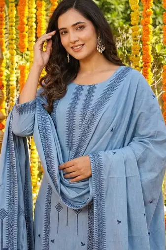 aqua blue cotton silk blend jacquard kurta set with dupatta