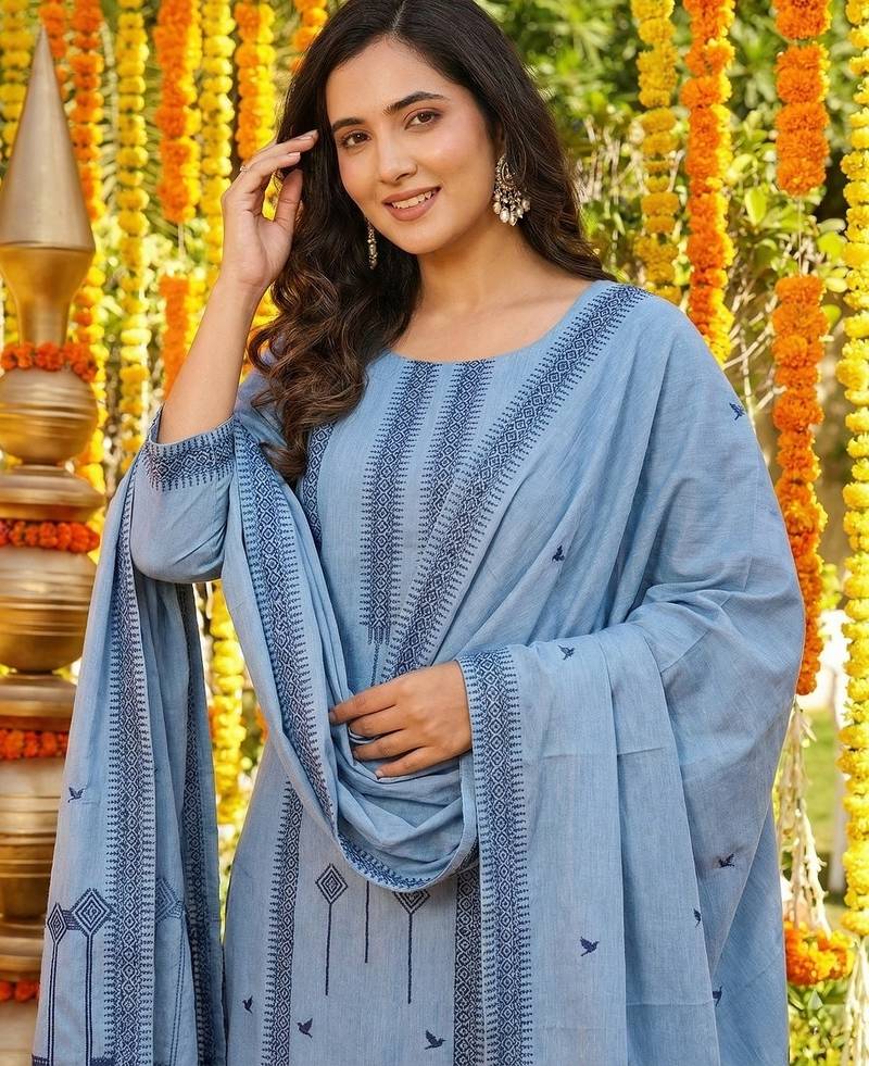 aqua blue cotton silk blend jacquard kurta set with dupatta
