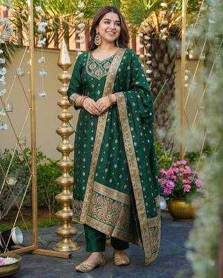 green art silk jacquard neck kurta set with dupatta 1