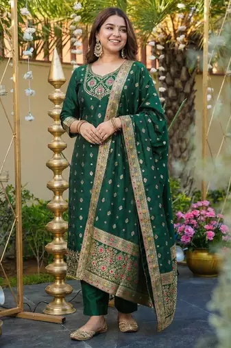 green art silk jacquard neck kurta set with dupatta