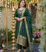 green art silk jacquard neck kurta set with dupatta