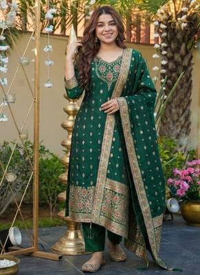 green art silk jacquard neck kurta set with dupatta 2