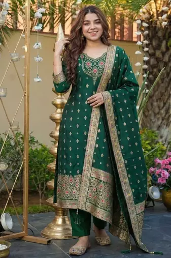 green art silk jacquard neck kurta set with dupatta