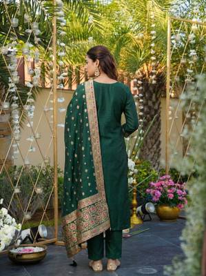green art silk jacquard neck kurta set with dupatta 3