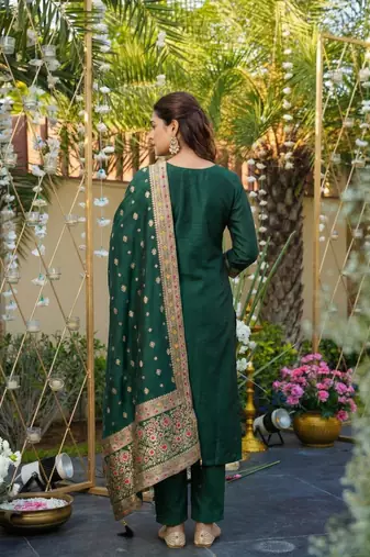 green art silk jacquard neck kurta set with dupatta