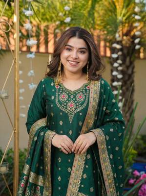 green art silk jacquard neck kurta set with dupatta 4