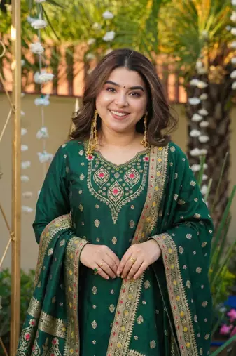 green art silk jacquard neck kurta set with dupatta