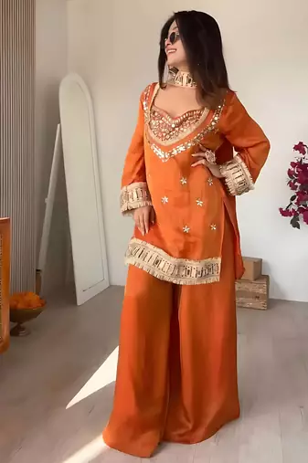 orange chinon silk blend mirror work neck kurta set with dupatta