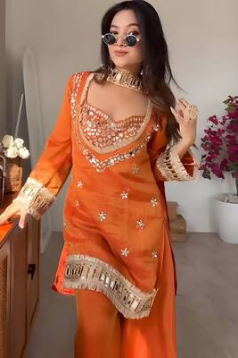 orange chinon silk blend mirror work neck kurta set with dupatta 5