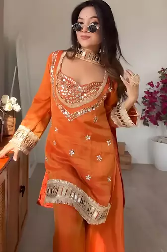 orange chinon silk blend mirror work neck kurta set with dupatta