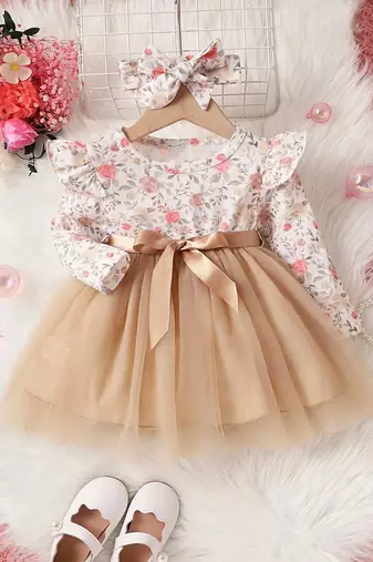 Gold floral net party wear baby dress
