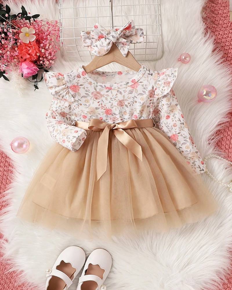 Gold floral net party wear baby dress