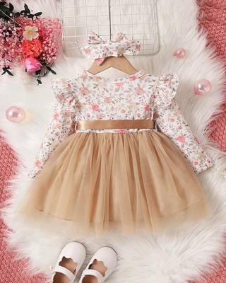 Gold floral net party wear baby dress 2