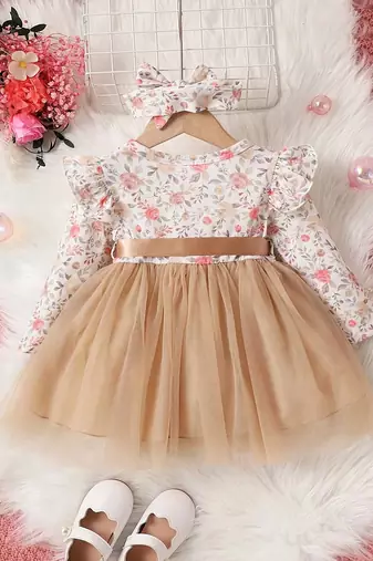 Gold floral net party wear baby dress