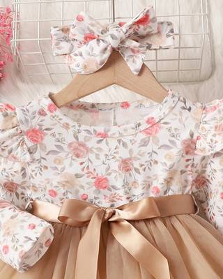 Gold floral net party wear baby dress 3