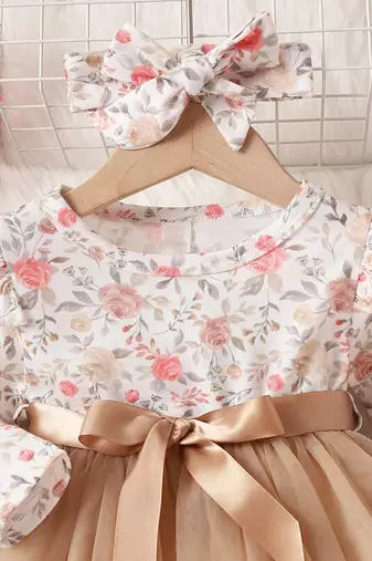 Gold floral net party wear baby dress