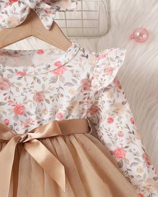 Gold floral net party wear baby dress 4