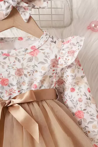 Gold floral net party wear baby dress