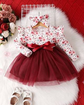 Maroon floral net party wear baby dress 1