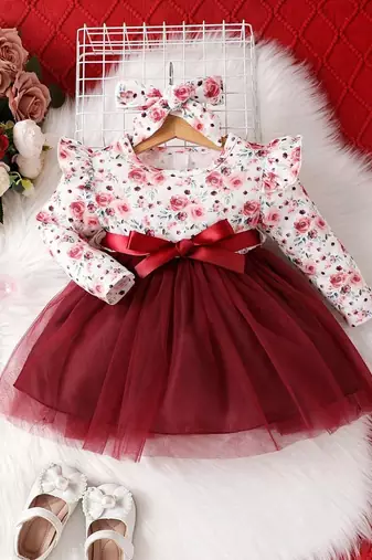 Maroon floral net party wear baby dress