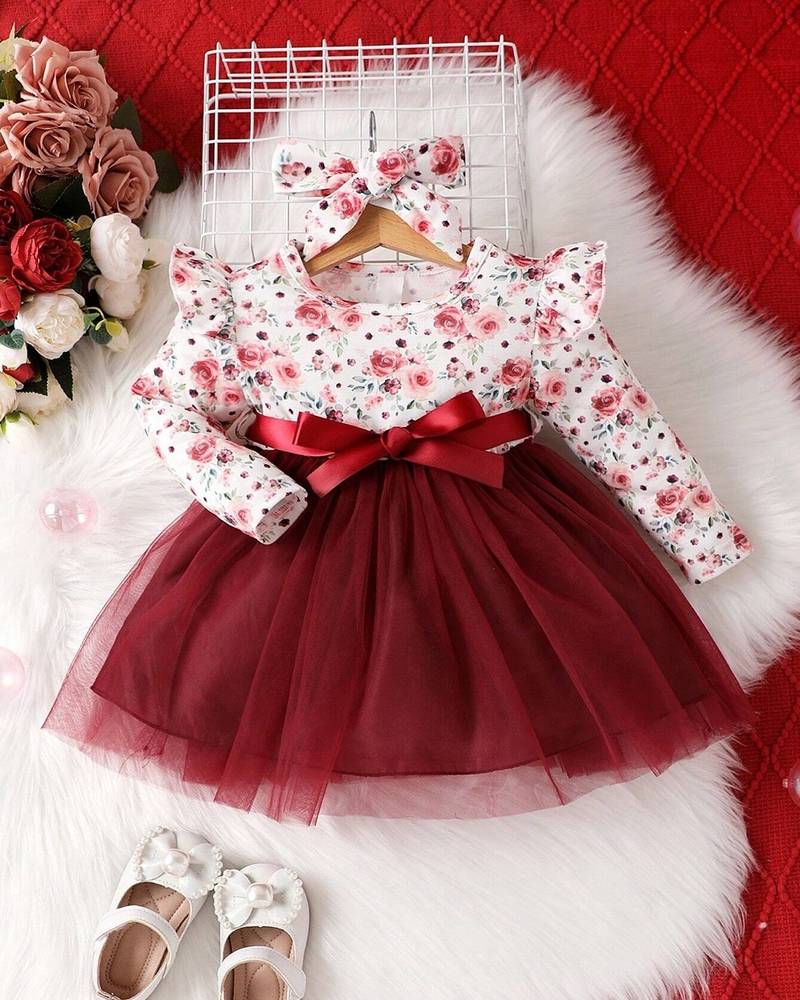 Maroon floral net party wear baby dress