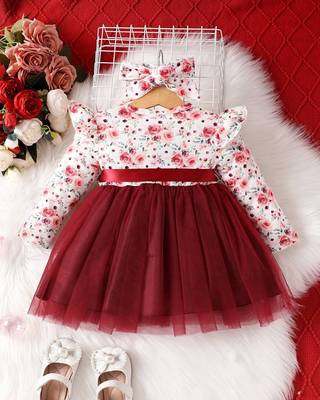 Maroon floral net party wear baby dress 2